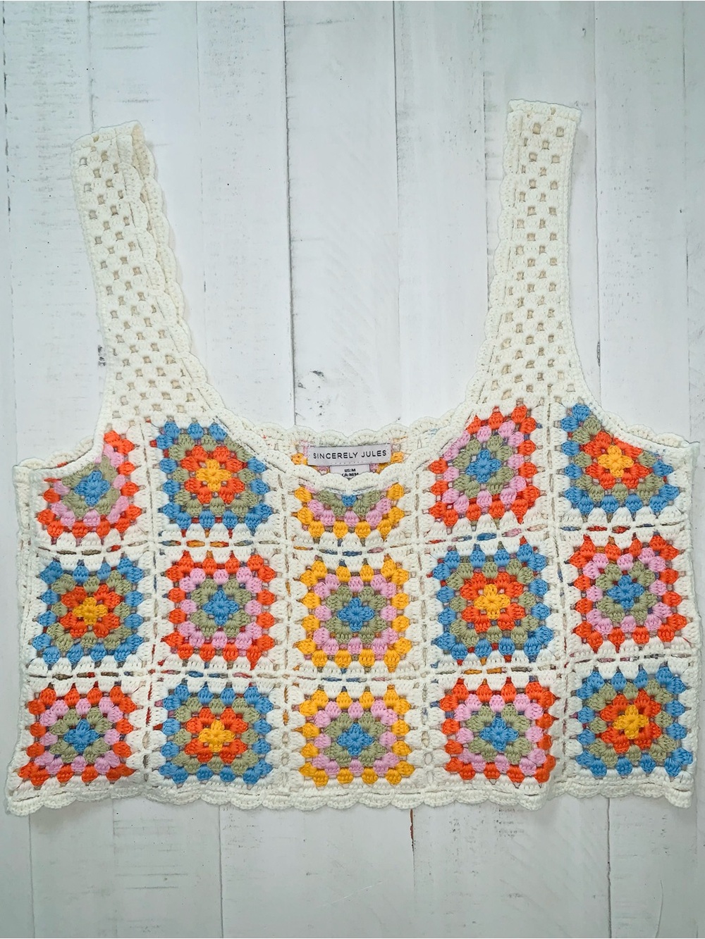 Sincerly Jules Cream Crochet Patchwork Tank Top with Multicolor Accents